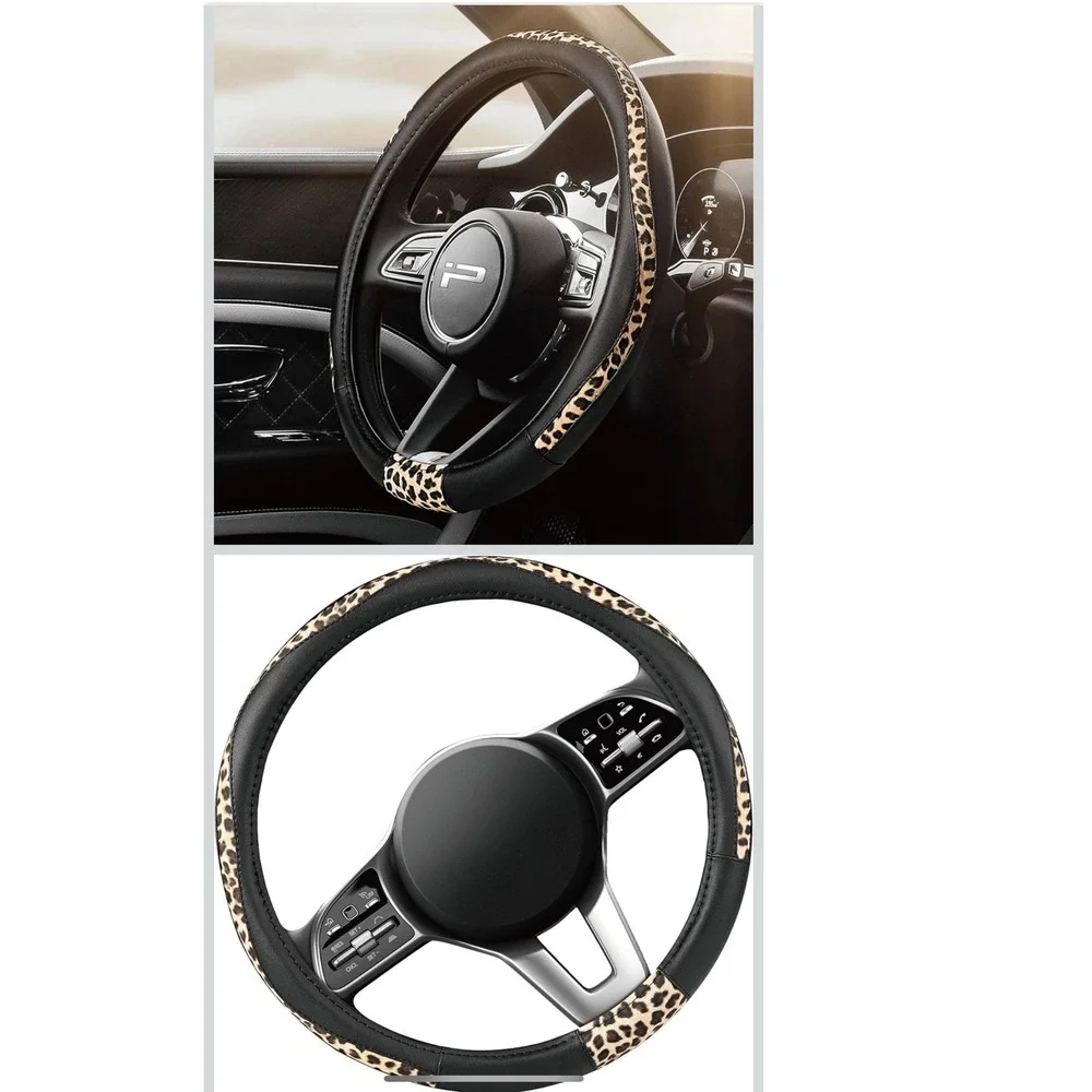 Cheetah Print Comforts Steering Wheel Cover Black PVC Leather Universal Fit